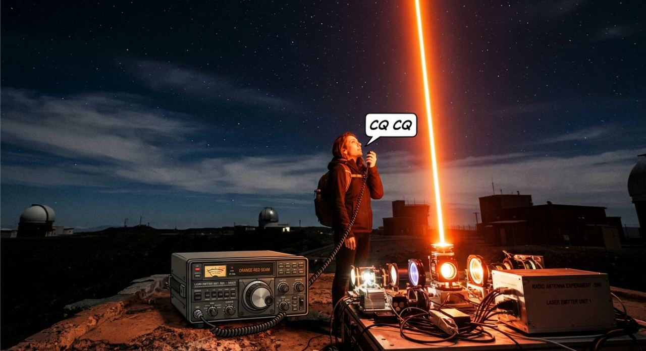 AI-genereret illustration, ikke et foto af forsøget: En fantasifuld plasmaantenne i en radioamatørs fremtids-shack. Genereret med Google AI ud fra oplæg fra Glenn Møller-Holst, OZ1HFT.